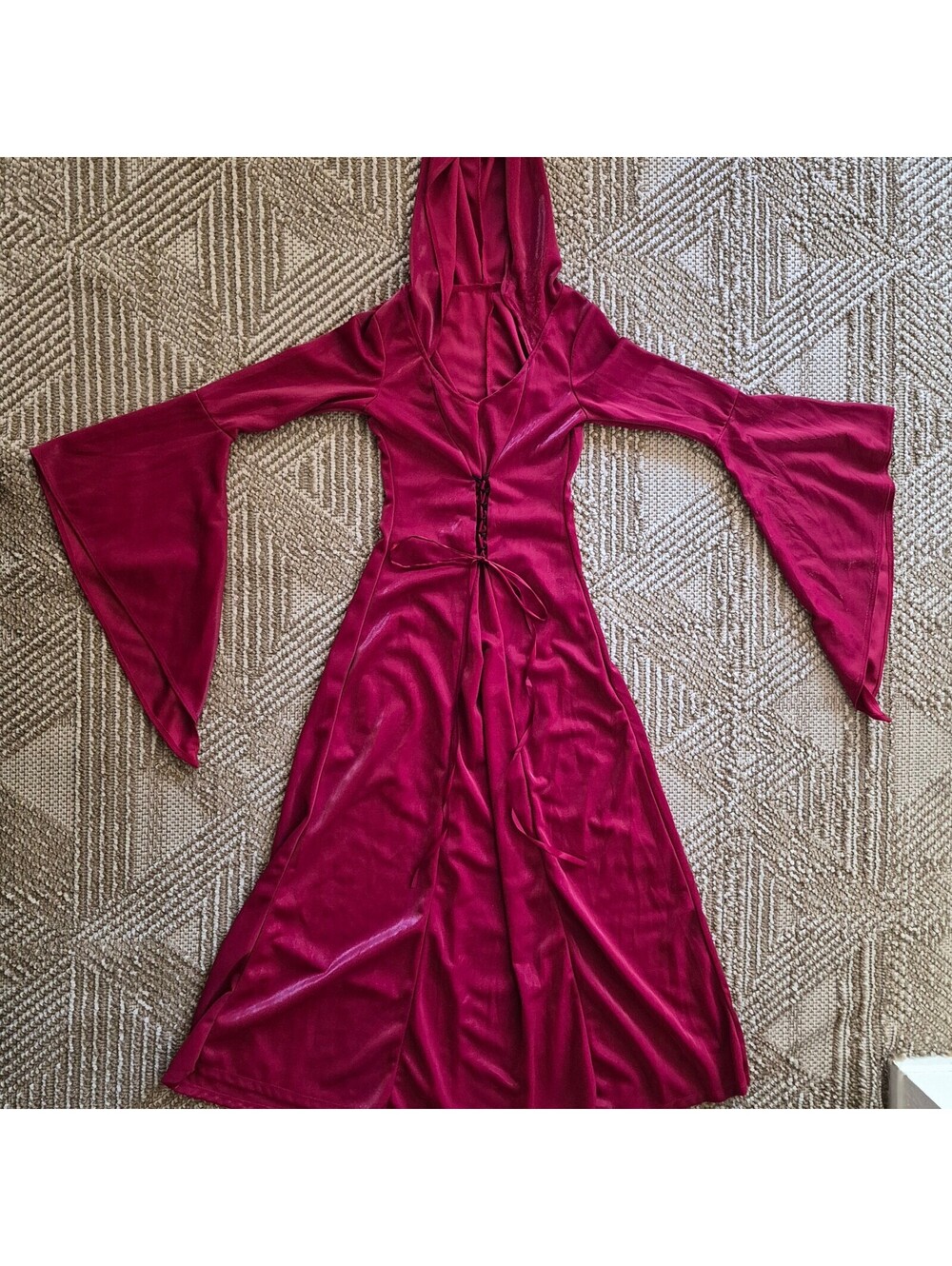 Crimson Red Renaissance Hooded Maxi Gown Dramatic Bell Sleeve Dress Costume XS S